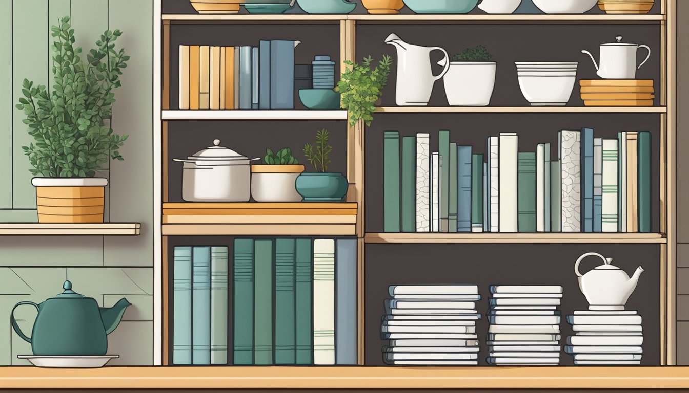 A kitchen shelf with neatly arranged cookbooks, some standing upright and others stacked horizontally. A decorative bookend holds them in place, and a small potted herb plant adds a touch of greenery