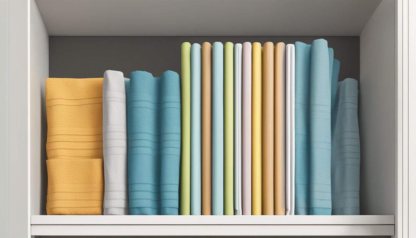 Stacked dish towels in magazine holders, neatly organized on a kitchen shelf