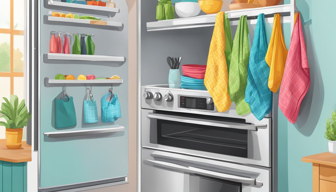 Colorful dish towels and oven mitts hang from magnetic hooks on a vibrant fridge. Various clever storage methods are shown in the scene