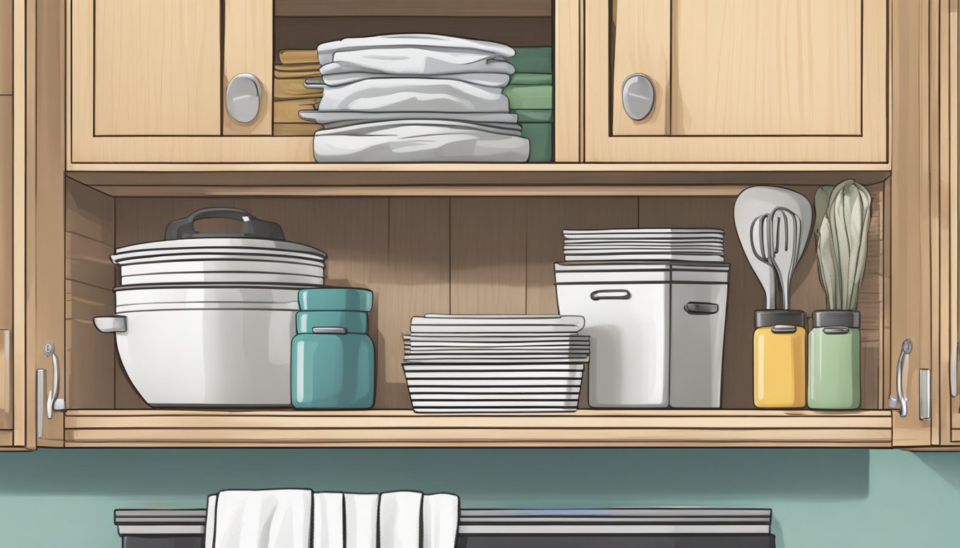 A kitchen cabinet with neatly organized linens and towels hanging from hooks and shelves above