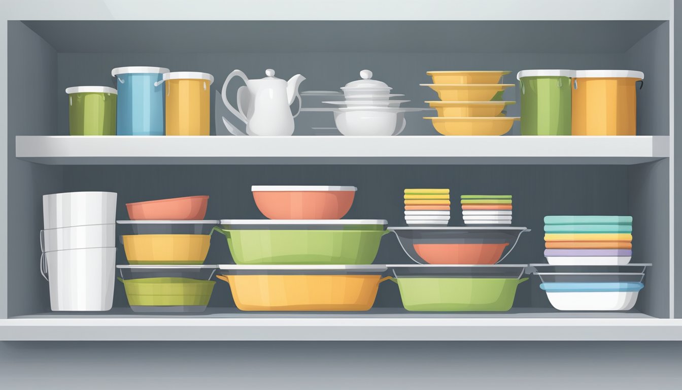 A kitchen shelf with neatly organized under-shelf baskets holding various kitchen linens