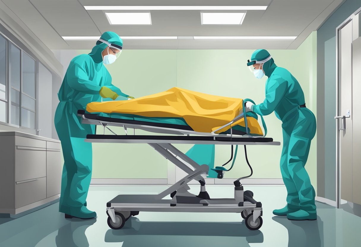 Uma equipe de profissionais médicos em trajes de proteção removendo com segurança um paciente psiquiátrico de uma instalação segura.