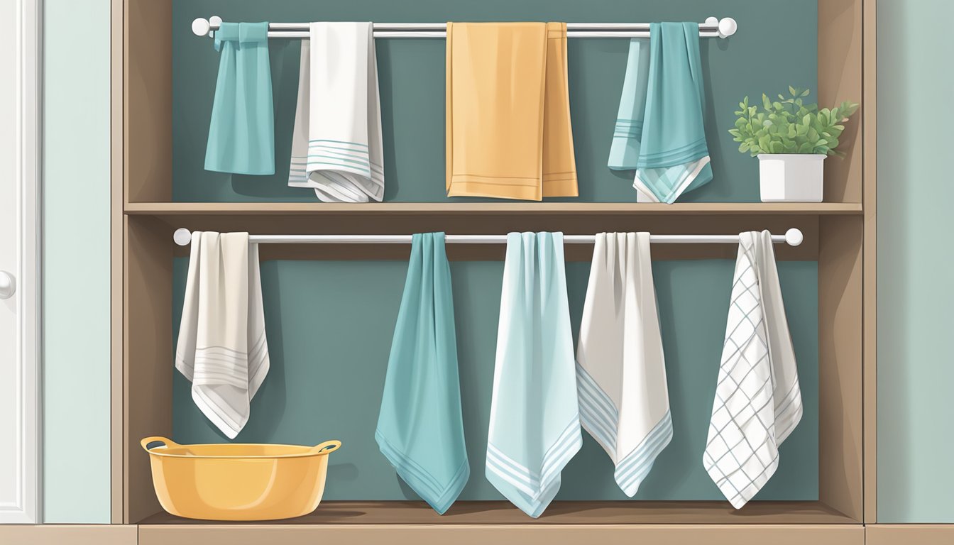 Dish towels and oven mitts neatly hung on cabinet towel bars