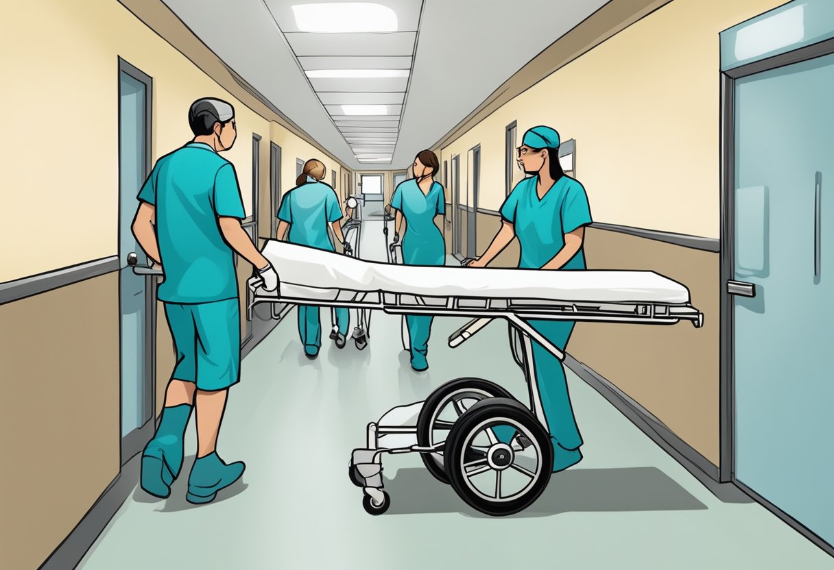 Uma equipe de profissionais de saúde empurra uma maca por um corredor do hospital durante uma remoção psiquiátrica.