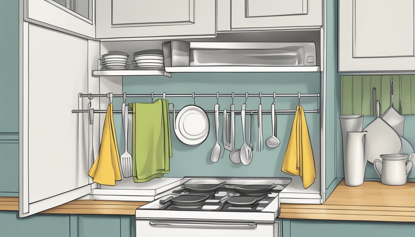 A tension rod spans between two kitchen cabinets, showcasing various clever ways to store dish towels and oven mitts