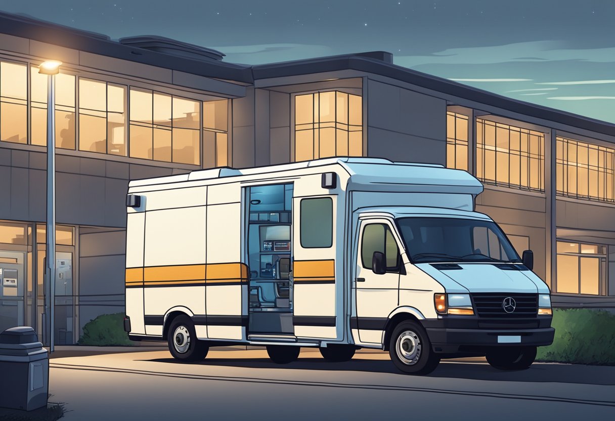 Uma van psiquiátrica com equipamentos médicos estacionada do lado de fora de um hospital ao anoitecer