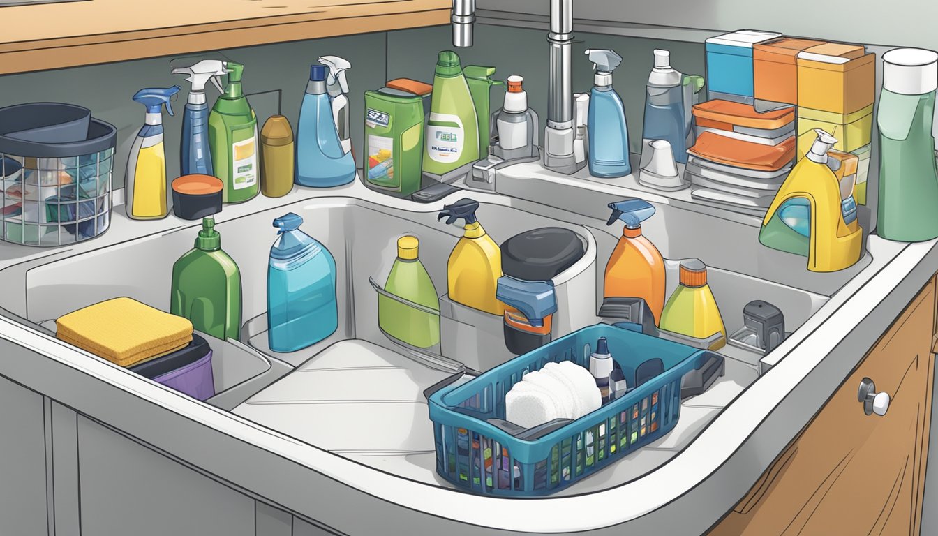 A cluttered under-sink area with cleaning supplies organized in a rotating lazy susan