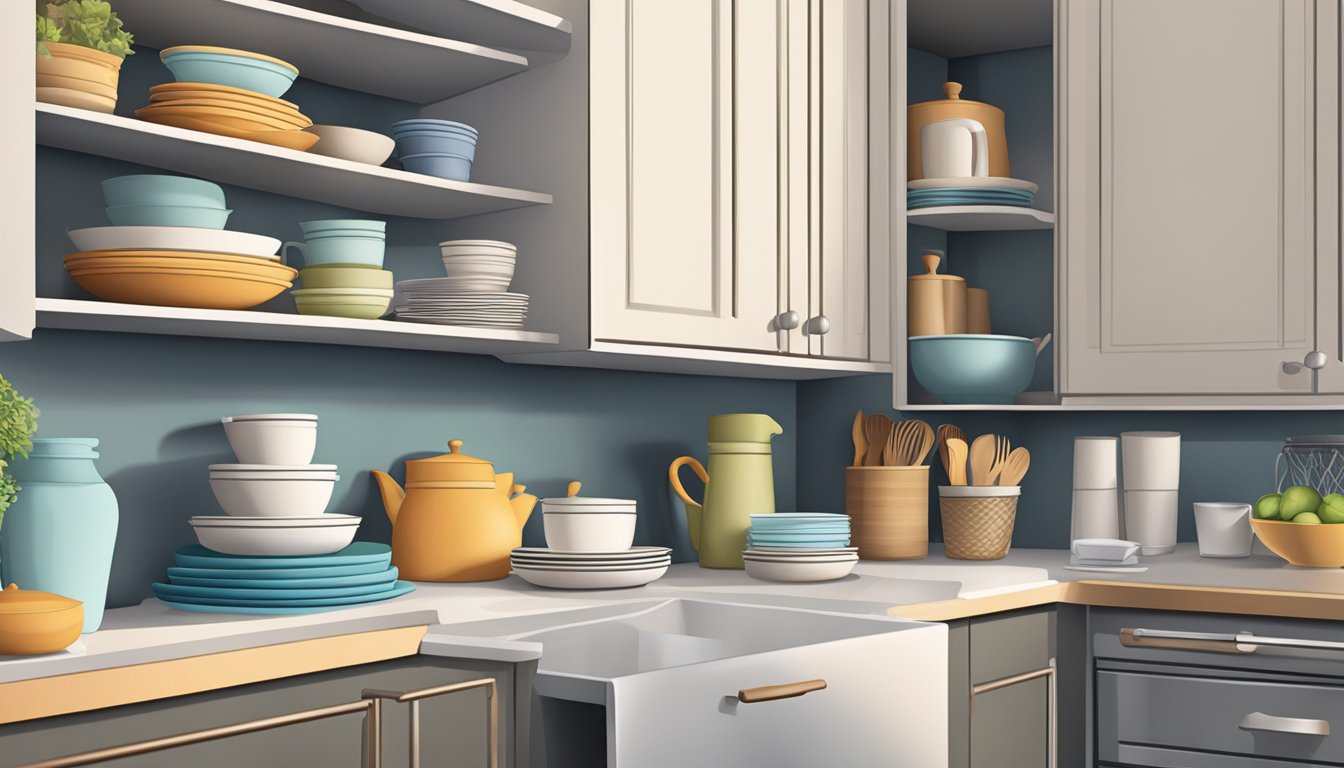 A kitchen corner with neatly organized shelves holding various linens and kitchen items