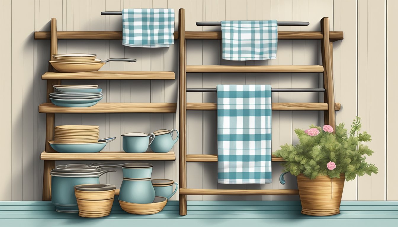 A vintage ladder adorned with dish towels and oven mitts in creative storage displays