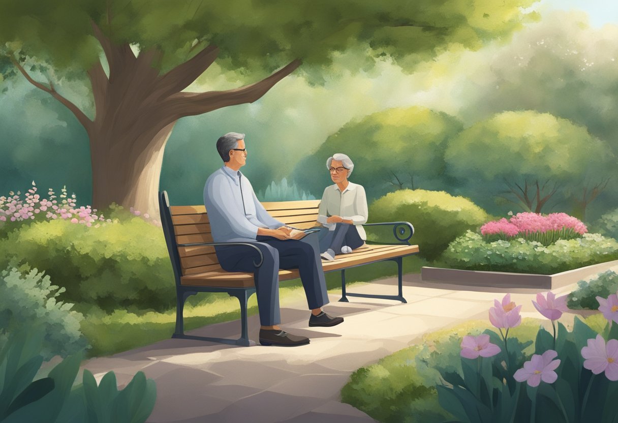Um psiquiatra guiando um paciente por um jardim pacífico, com um ambiente sereno e uma sensação de calma.
