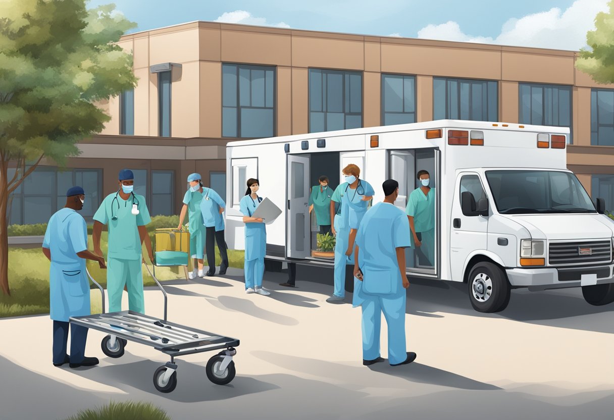 Uma equipe de profissionais de saúde e equipamentos se reúne do lado de fora de uma instalação psiquiátrica, preparando-se para transportar um paciente.