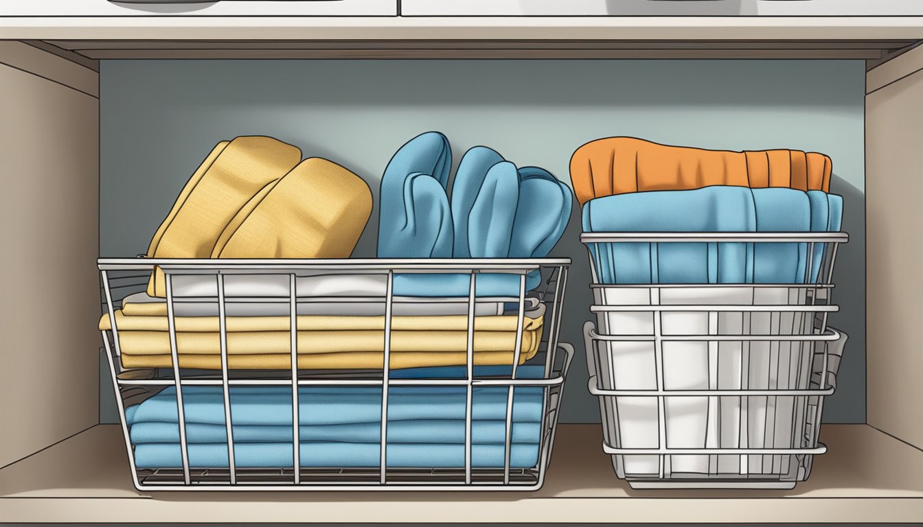 Dish towels and oven mitts neatly stored in under-shelf baskets