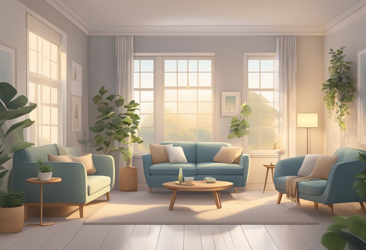 Uma sala tranquila com iluminação suave, móveis confortáveis e decoração relaxante. Uma atmosfera pacífica com cores suaves e elementos naturais.