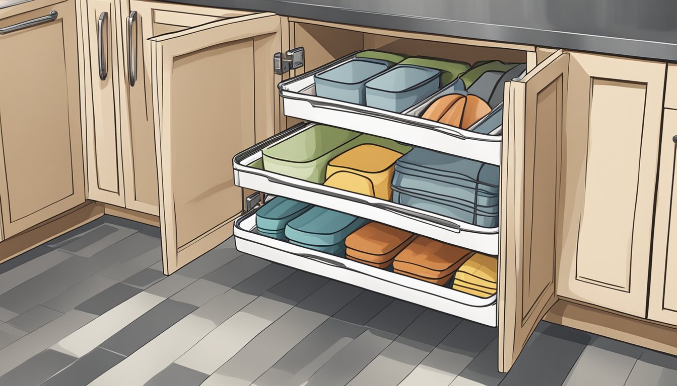 Woven storage bins neatly organize dish towels and oven mitts in a tidy kitchen cabinet