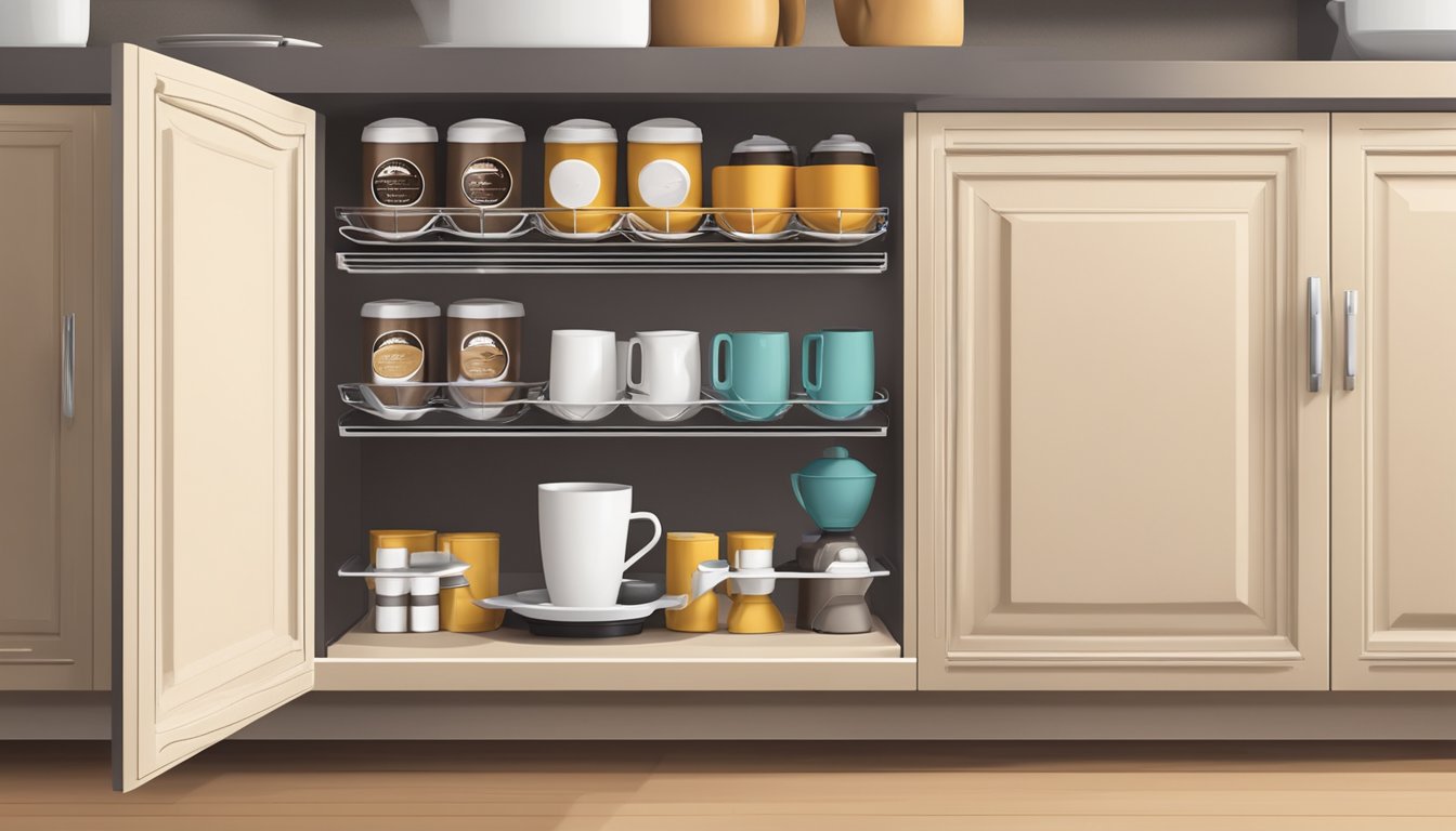 A coffee pod organizer spins on a lazy susan in a clutter-free kitchen cabinet