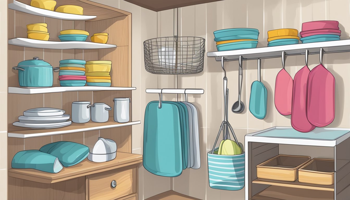 Colorful dish towels and oven mitts neatly folded and organized in various clever storage solutions, such as hanging racks, baskets, and hooks