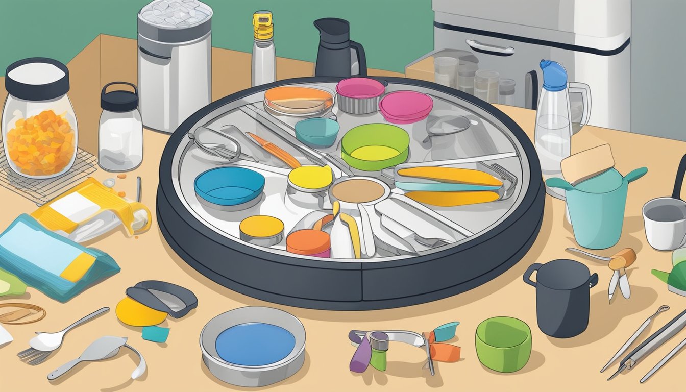 A kitchen counter with a craft supply spinner filled with various kitchen items, surrounded by 10 clever uses for lazy susans