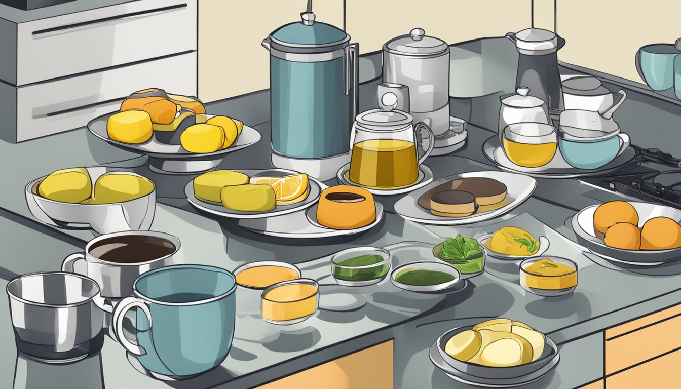 A kitchen counter with various tea station supplies arranged on multiple lazy susans