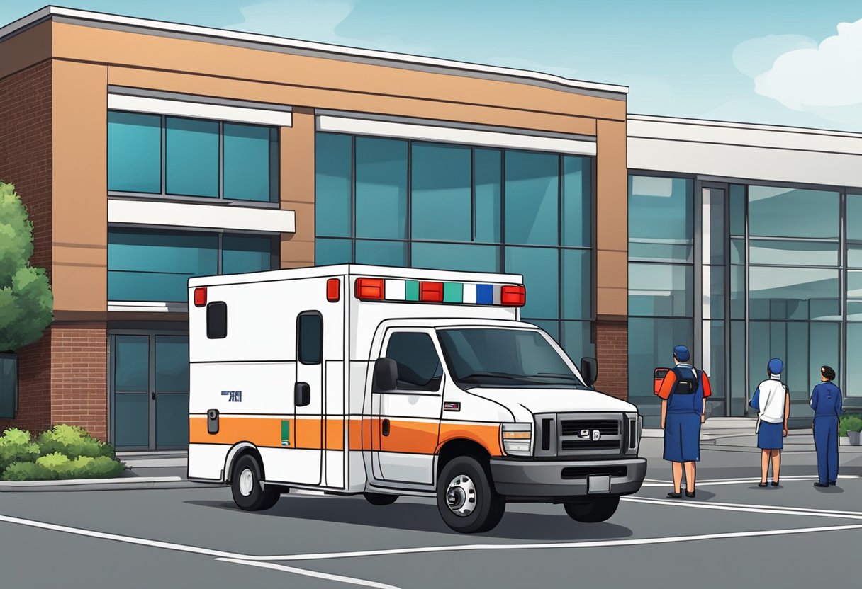 Uma ambulância estacionada do lado de fora de um centro de atendimento especializado, com a equipe médica assistindo um paciente.