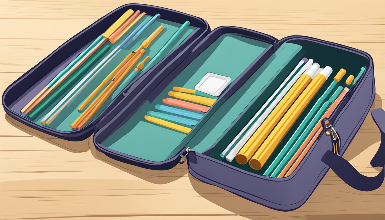 A durable travel case open on a table, with neatly organized reusable straws inside