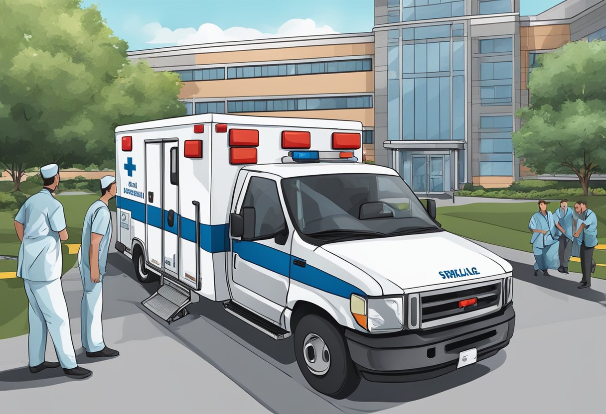 Uma ambulância estacionada do lado de fora de um hospital, com a equipe médica colocando um paciente em uma maca.