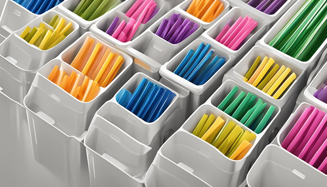 Labeled bins hold reusable straws of varying lengths, neatly organized for easy access and storage