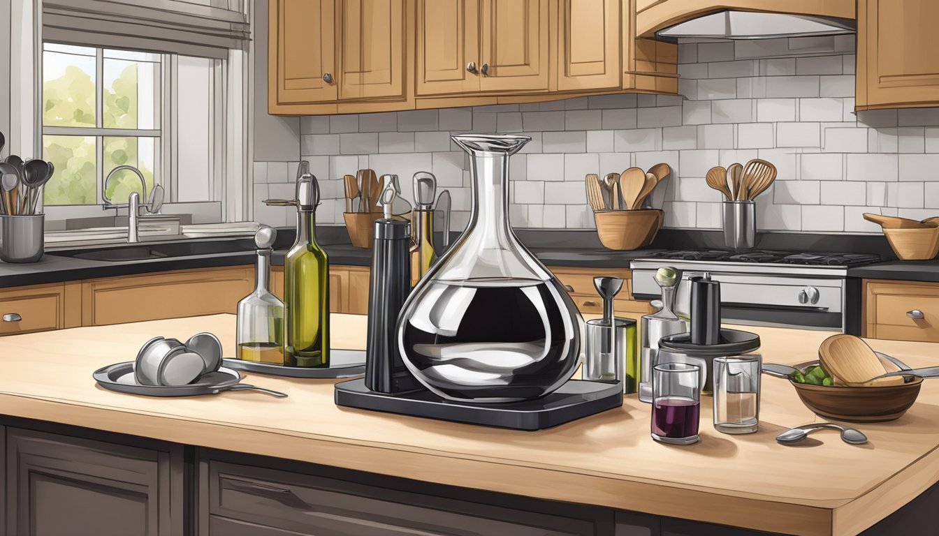 A wine decanter sits on a kitchen counter, surrounded by neatly organized cooking utensils and wine glasses. The sommelier's tools are neatly arranged nearby