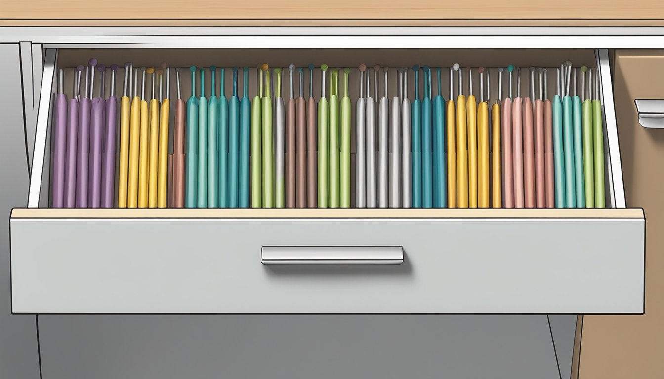 Five reusable straws neatly organized in a utensil drawer divider, each tip pointing in the same direction