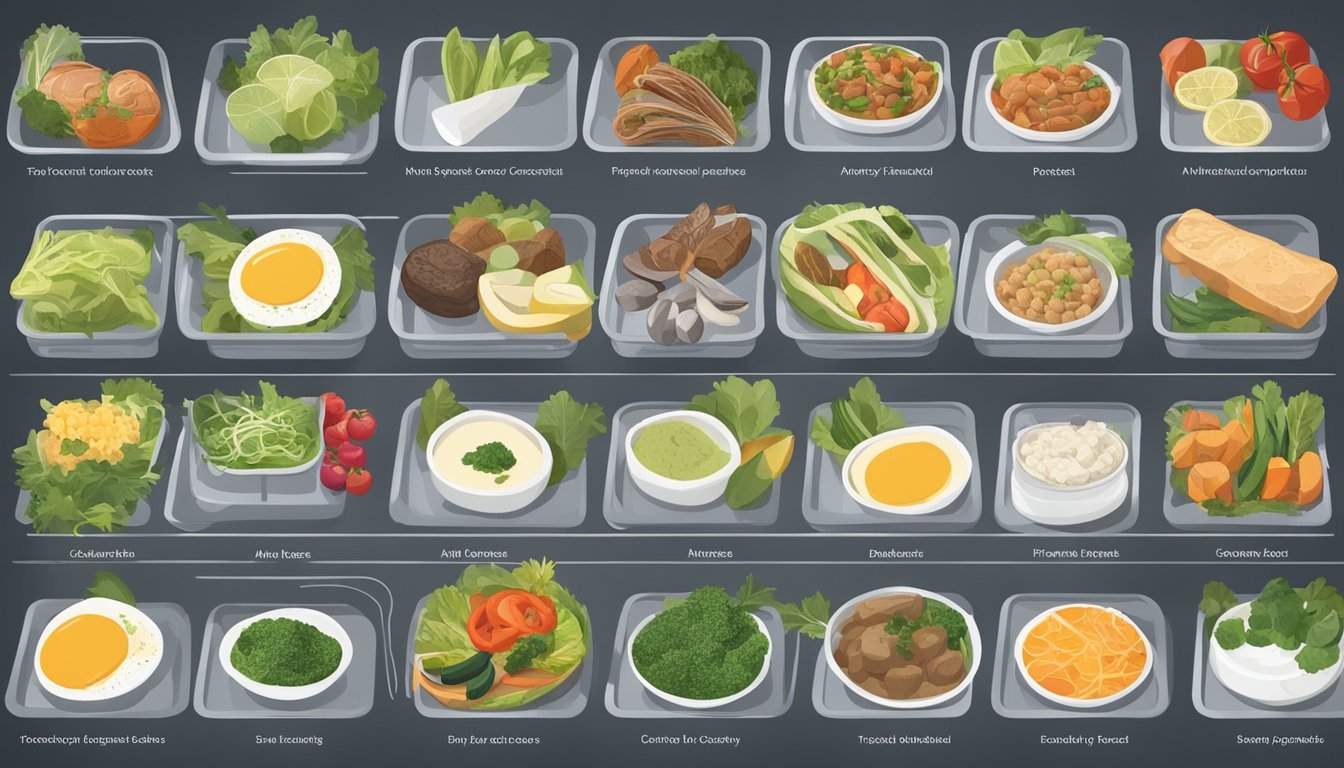 Trays arranged with ingredients for each course, labeled for easy access and organization