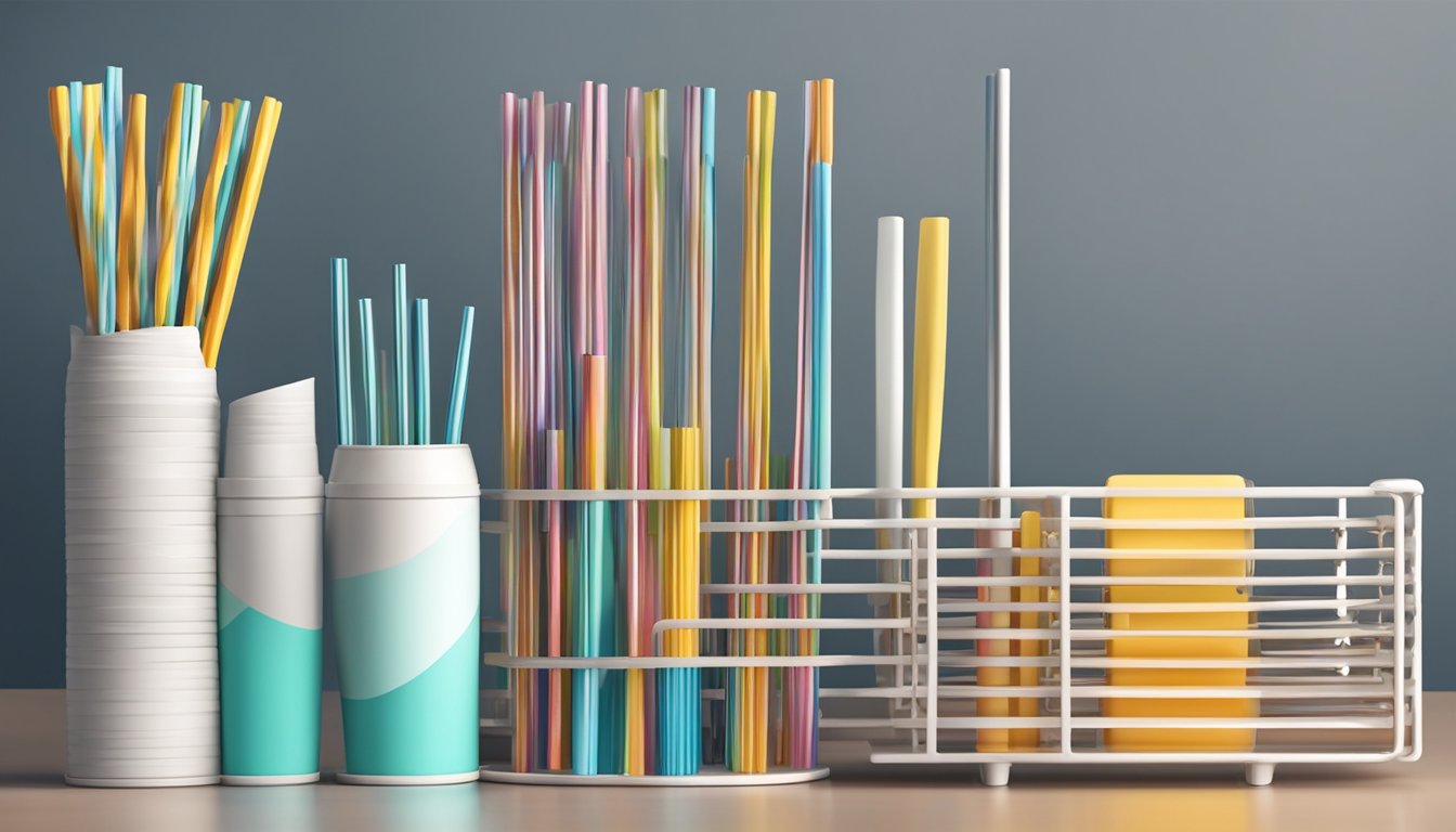 A drying rack holds various reusable straws in an organized manner, with hooks and slots for easy access and efficient storage