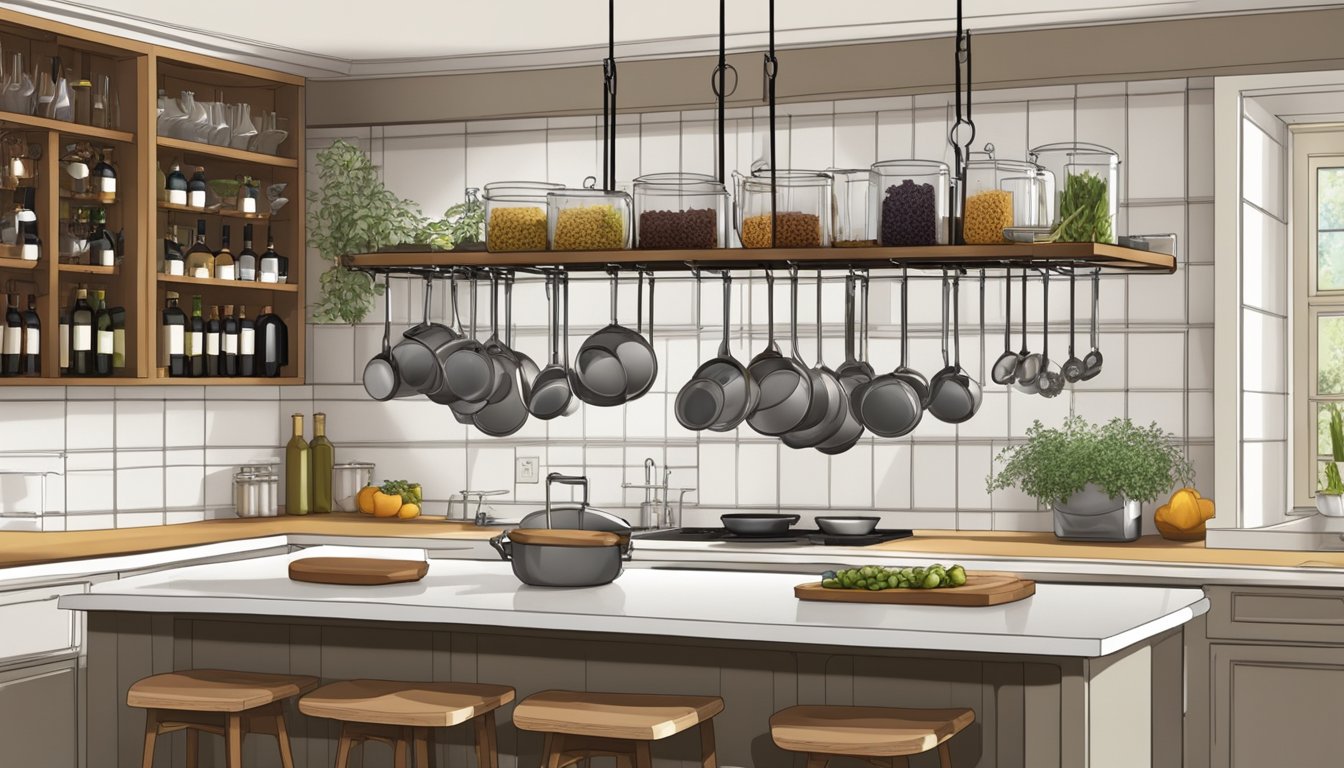 A kitchen with hanging pot racks, wall-mounted shelves, and vertical spice racks. Wine glasses and bottles neatly stored on a wine rack