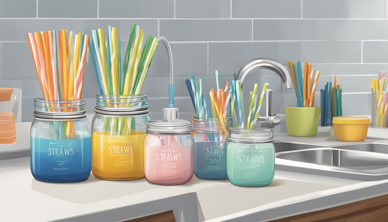 A jar labeled "Reusable Straws" sits next to a sink with various straws neatly organized inside