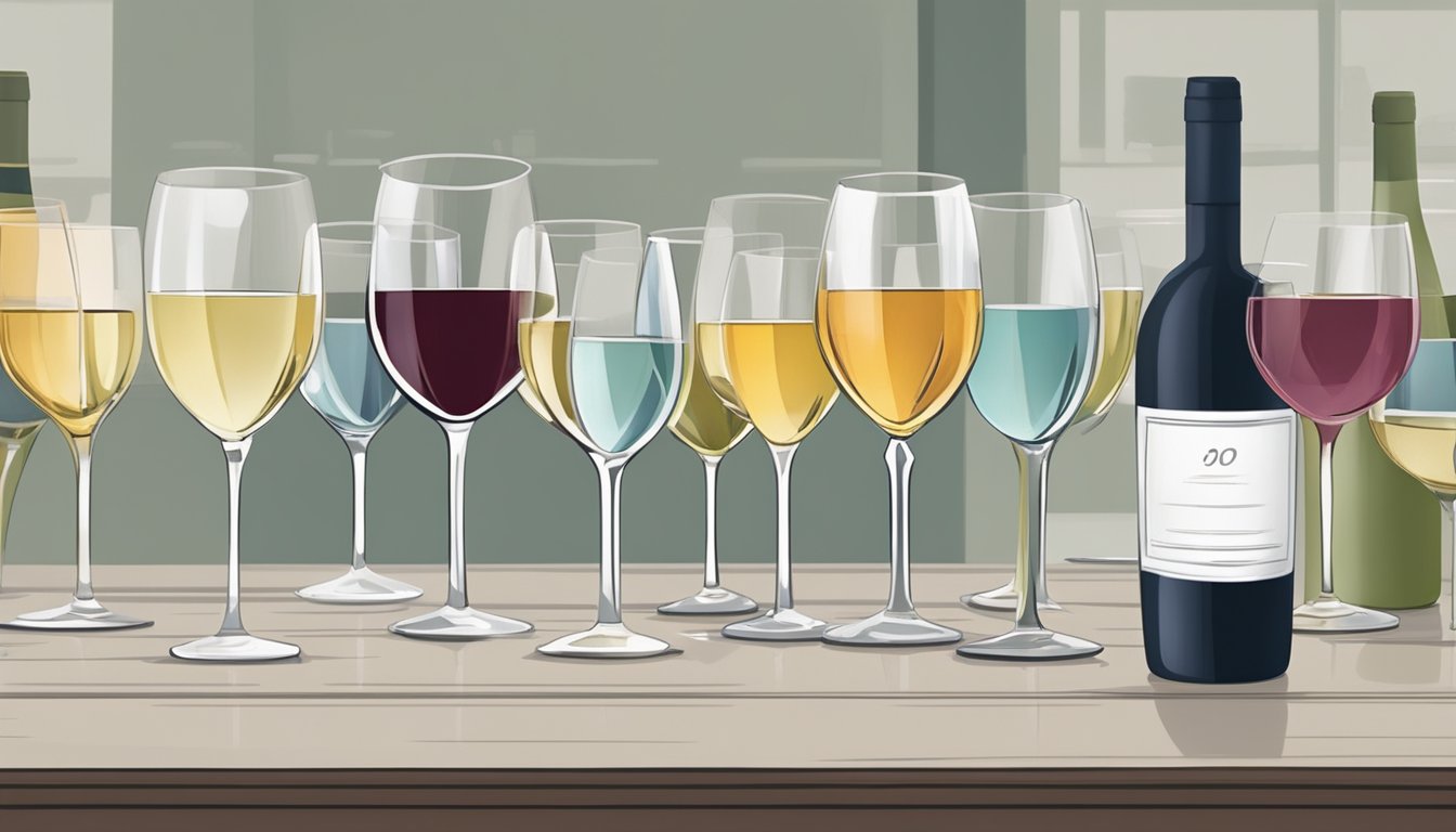 Wine glasses neatly arranged on a table, each tagged with a label indicating one of the 5 tips for organizing a kitchen for a dinner party with a sommelier