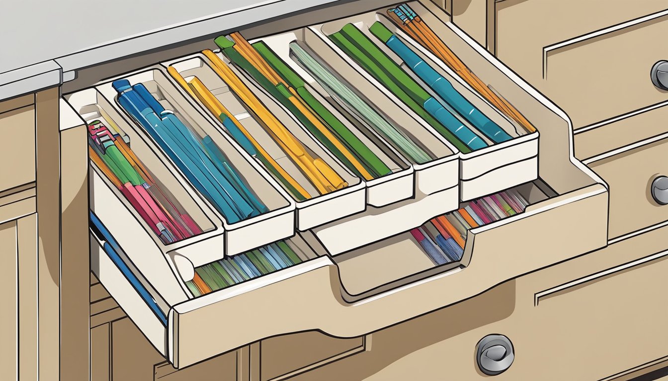 A kitchen drawer with compartments for different types of reusable straws, neatly organized and labeled for easy access