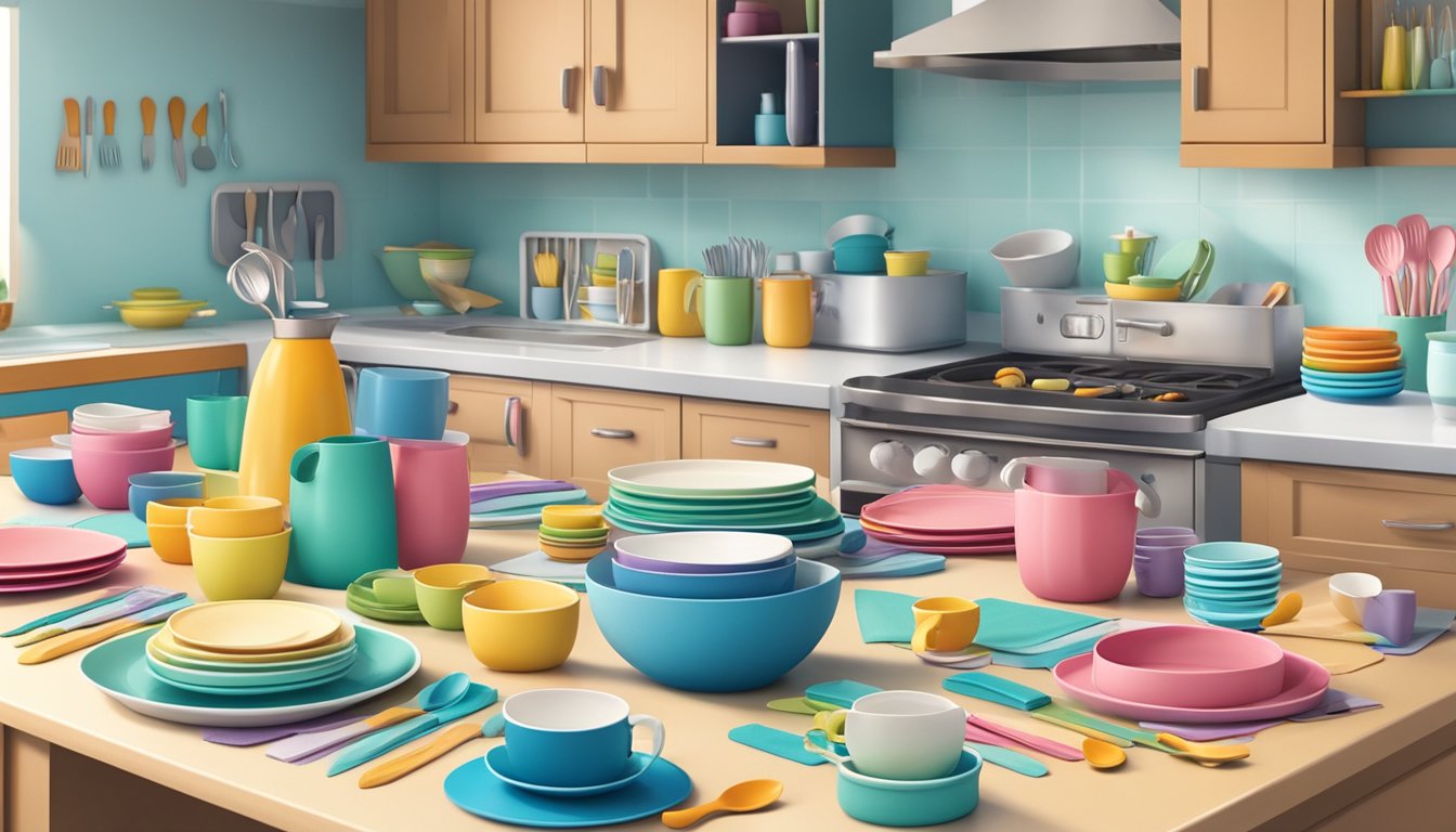 Child-friendly tableware arranged neatly on a kitchen counter, surrounded by colorful placemats and napkins. A drawer filled with child-sized utensils and a lower cabinet stocked with spill-proof cups and plates