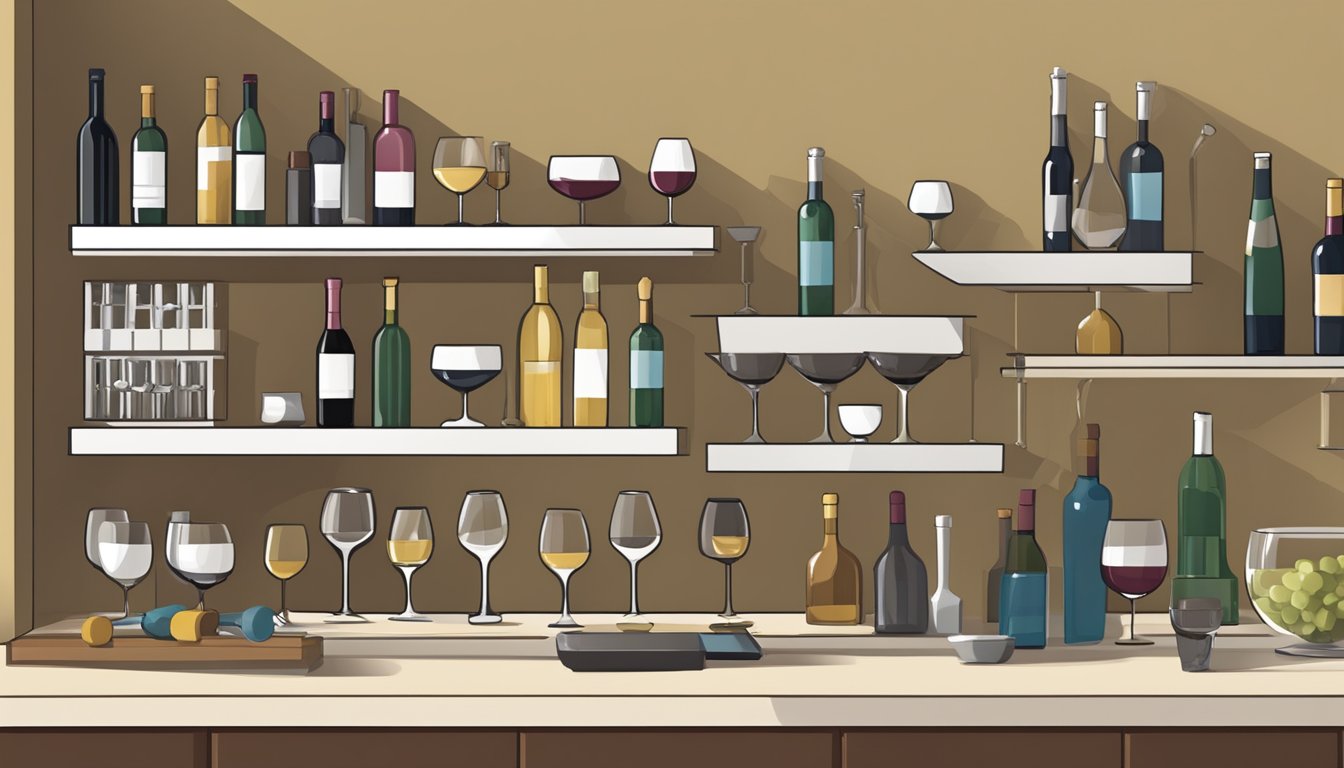 Floating shelves hold wine glasses, decanters, and wine bottles. A wine opener and wine stoppers sit on the counter nearby