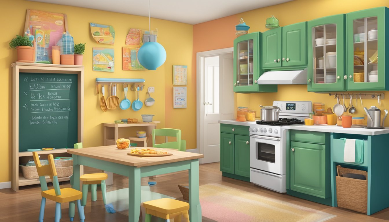 A kitchen with labeled bins for kids' activities, a low table with child-friendly dinnerware, a designated snack area, a colorful chalkboard wall, and a child-sized chef's apron hanging on a hook