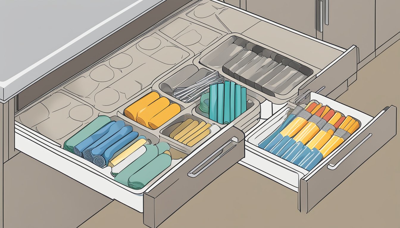 A kitchen drawer with neatly organized compartments holding various types of reusable straws, alongside labeled containers for easy access and storage