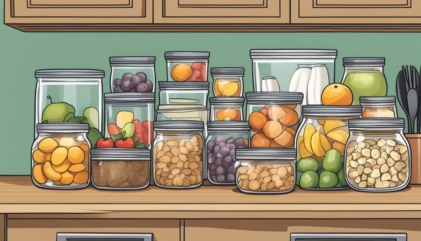 A kitchen counter with labeled jars of snacks, a clear fruit bowl, and a low drawer filled with kid-friendly utensils and plates