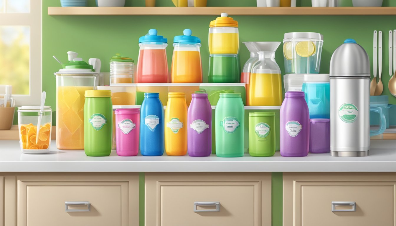 A brightly colored drink station with labeled containers and child-friendly cups, organized on a clean kitchen counter