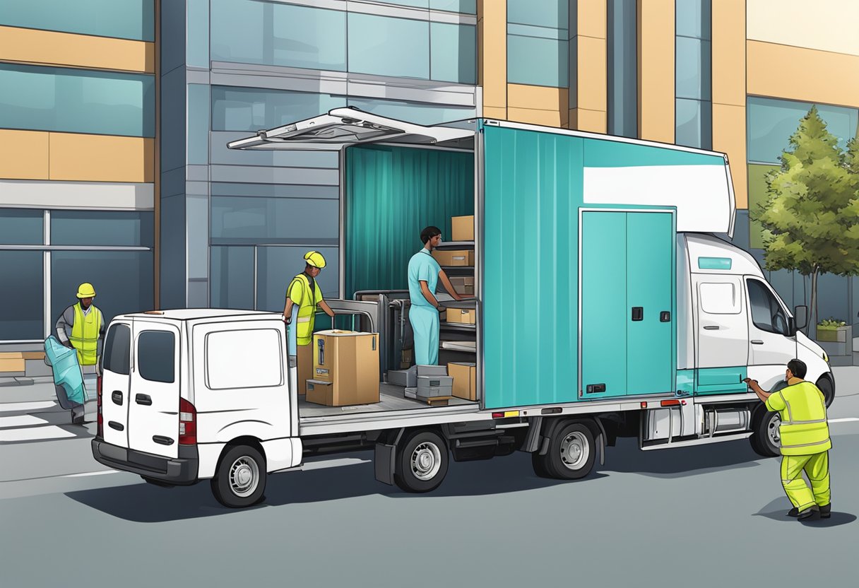 Empresas de Remoção Hospitalar: Serviços Essenciais e Normas Importantes 1 Um veículo de uma empresa de remoção de hospitais estacionado do lado de fora de um hospital, com trabalhadores carregando equipamentos médicos no caminhão.