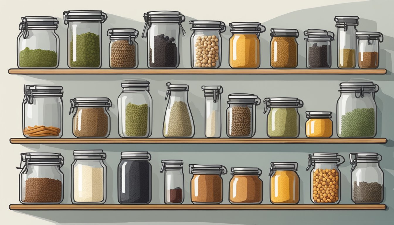 Various spices stored in labeled jars on a pegboard wall. Utensils, pots, and pans also hang from the pegboard for kitchen organization