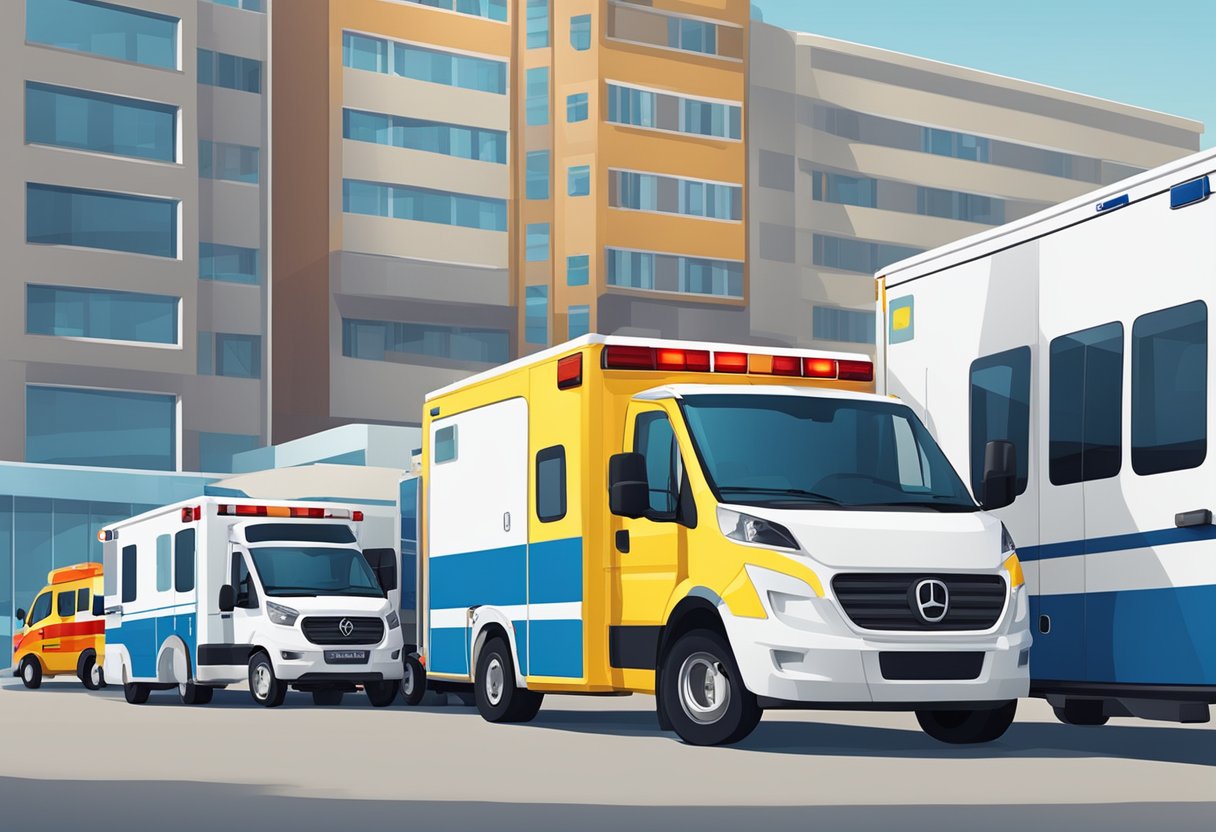 Empresas de Remoção Hospitalar: Serviços Essenciais e Normas Importantes 2 Uma frota de ambulâncias e veículos de suporte médico alinhados do lado de fora de um hospital, prontos para o transporte de pacientes em emergência.