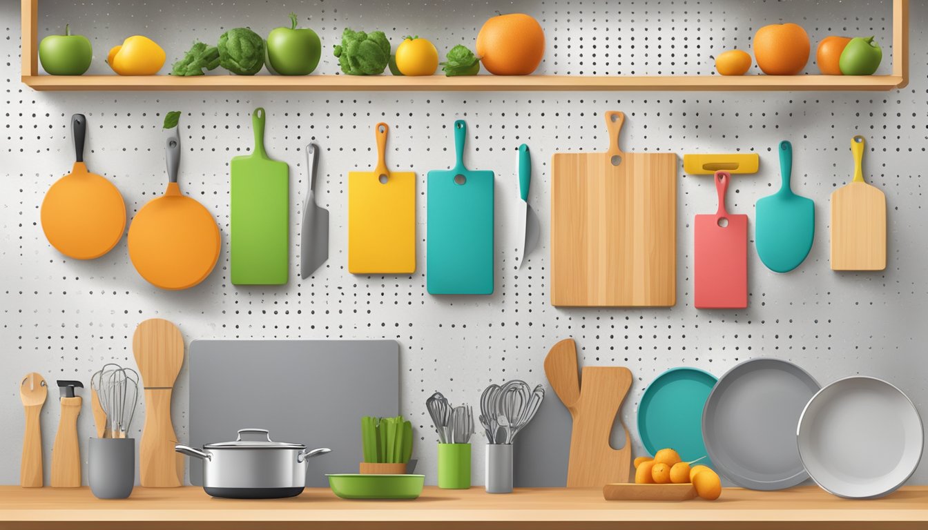 Cutting boards hanging on pegboards in various configurations for kitchen organization