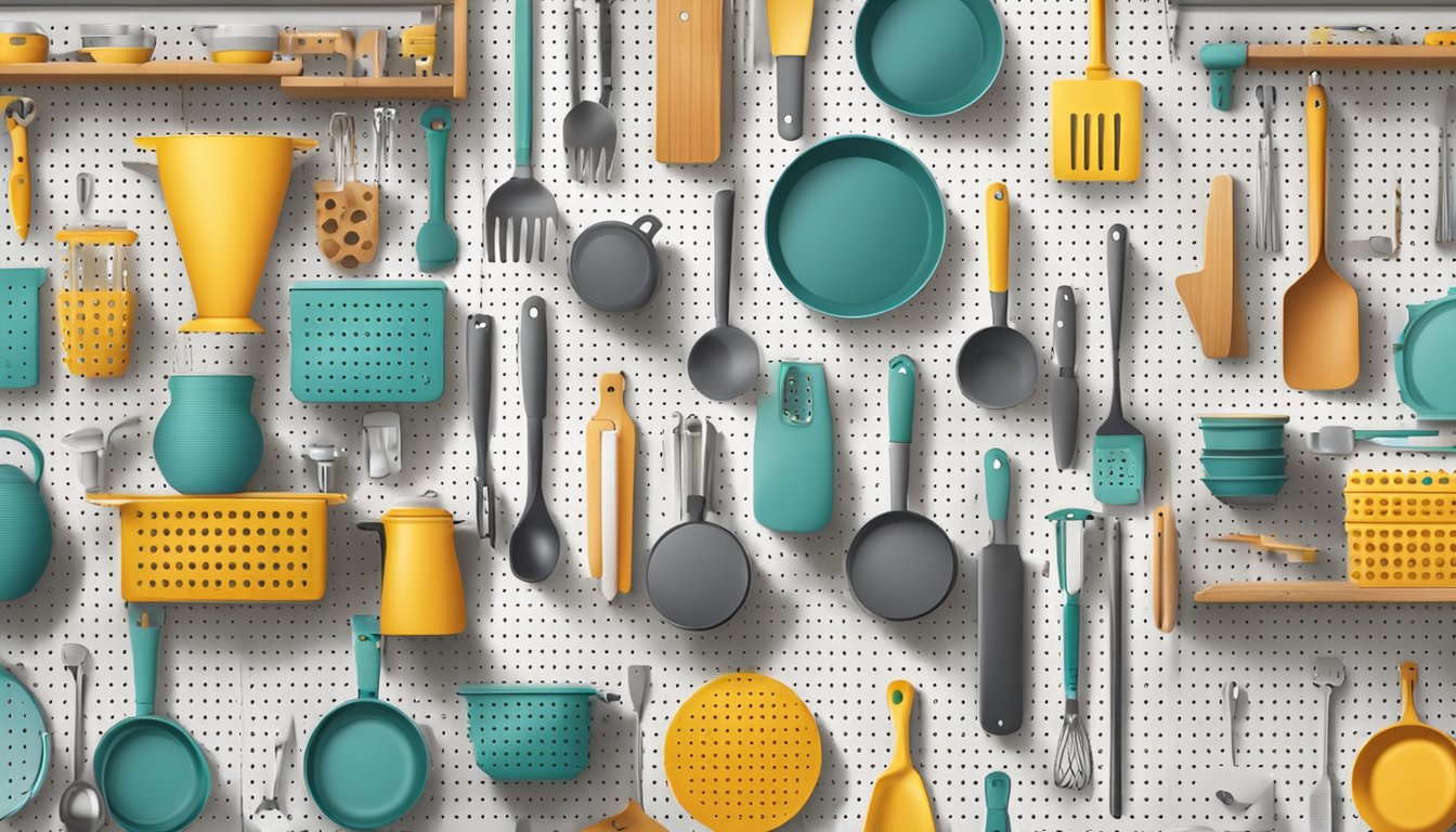 A pegboard hangs on the wall, displaying various kitchen gadgets neatly organized in rows and columns