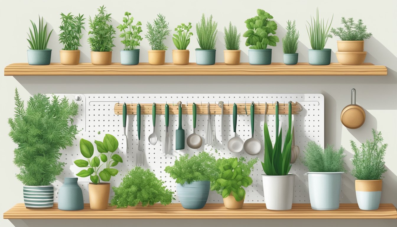 Various herbs and plants are neatly arranged on pegboards in the kitchen, showcasing 10 creative ways for organization