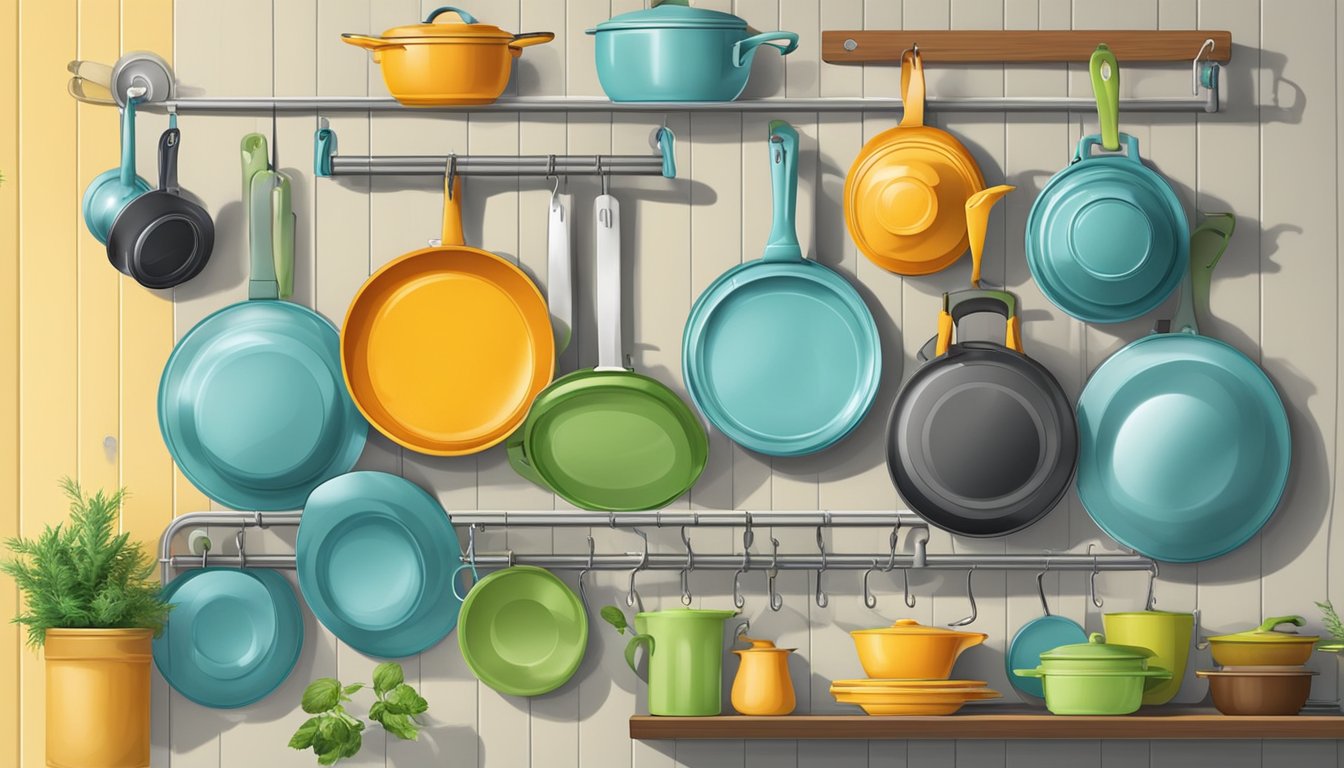 A kitchen wall with various hooks and racks holding pot lids in organized and creative ways