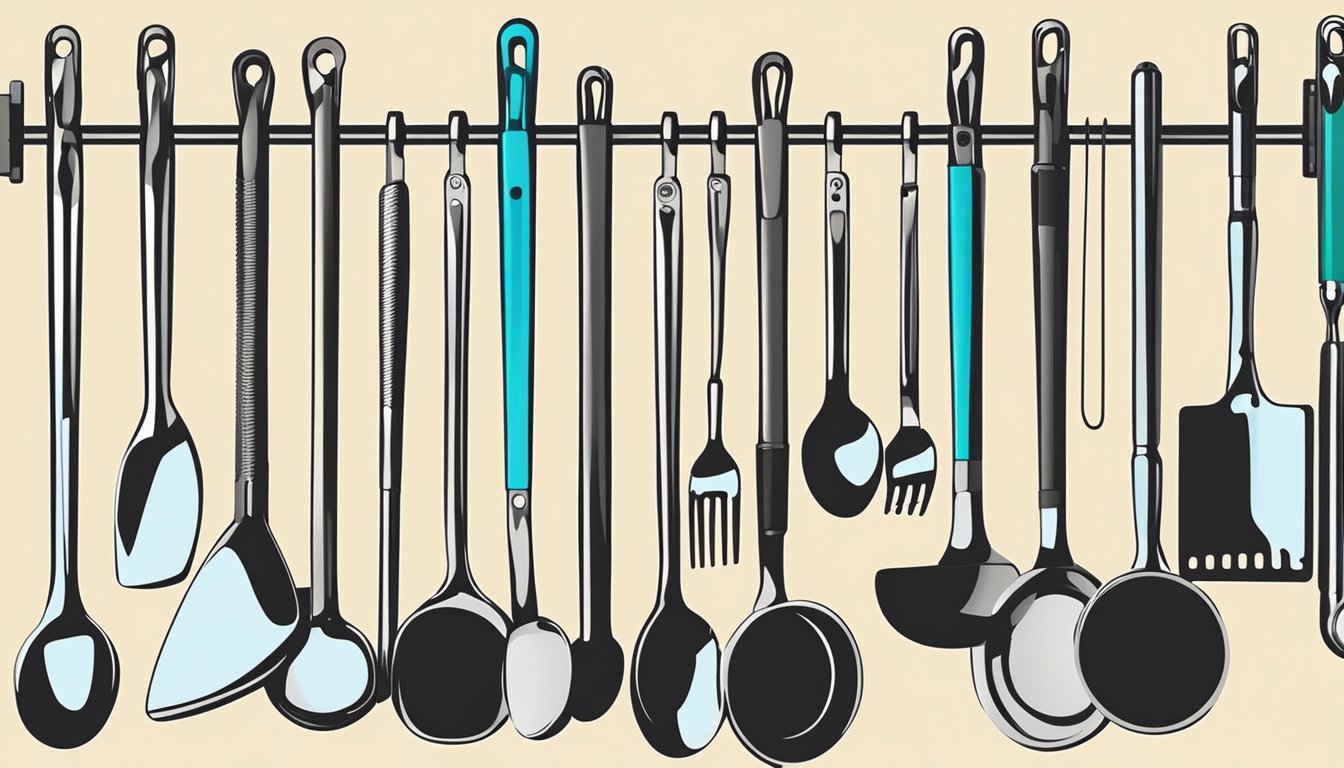 A tension rod with hooks holds various kitchen utensils and tools, maximizing wall space for organization and easy access