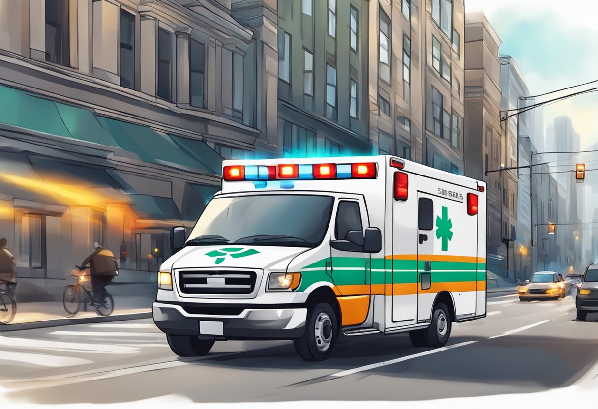 Uma ambulância com luzes piscando e equipamento médico correndo pelas ruas da cidade