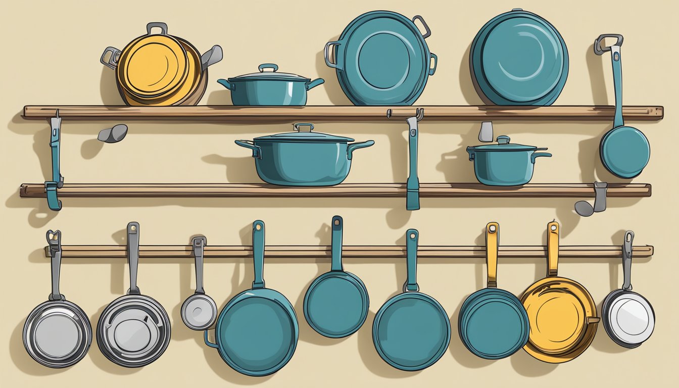 A kitchen wall with various hooks and racks holding pot lids of different sizes, neatly organized for easy access and efficient storage